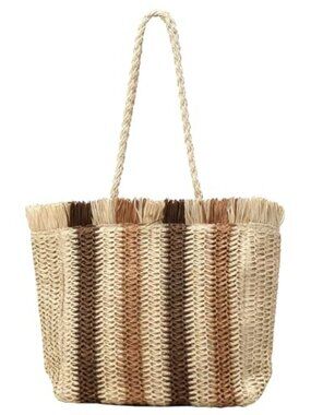 Handmade Woven Striped Tote Bag Summer Straw Beach Shoulder Bag Vintage